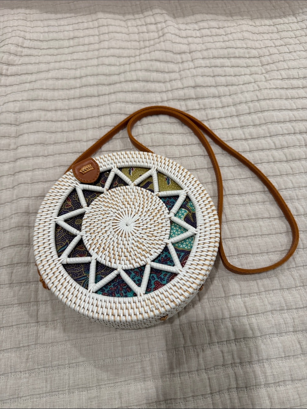 Round White Woven Crossbody Bag with Brown Strap